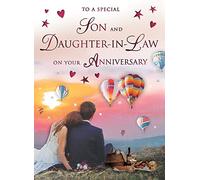 Biglietto di auguri di anniversario per figlio e nuora con scritta in lingua inglese "You're Engaged Card" (lingua italiana non garantita) - To A Special Son and Daughter-in - Law on your anniversary - mongolfiere e coppia