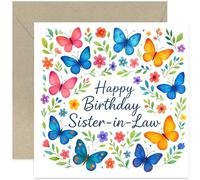 Biglietto di auguri di buon compleanno per cognata, design con farfalle colorate e fogliame, biglietto quadrato, interno bianco con busta