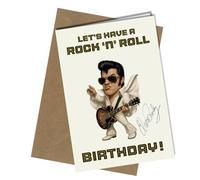 Biglietto di auguri di compleanno autografo Elvis, formato A5, con scritta in lingua inglese "Let's have a Rock 'n' roll Birthday!", per fan della musica, stampato su carta spessa 350 g, n. 1864