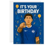 Biglietto di auguri di compleanno Chelsea, blu e oro, motivo calcistico con coriandoli e palloncini decorativi