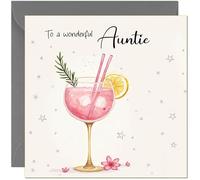 Biglietto di auguri di compleanno con scritta "Beautiful Auntie", motivo gin rosa, per donne adulte, biglietti di compleanno per lei, per zia