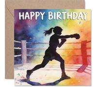 Biglietto di auguri di compleanno divertente - Punchy Birthday Vibes - Vibrante silhouette multicolore Boxer su uno sfondo audace - Celebrazione con energia Knockout - 145 mm quadrato, busta inclusa