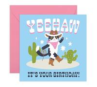 Biglietto di auguri di compleanno in stile country, con scritta in lingua inglese "Yeehaw! It's Your Birthday!", con illustrazione di un gatto cowboy con cactus, divertente saluto per amici, figlia
