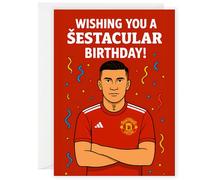Biglietto di auguri di compleanno ispirato al Manchester Utd di Benjamin Šeško, divertente biglietto di auguri per i tifosi - illustrazione Red Kit Striker - Biglietto personalizzato per lui - con