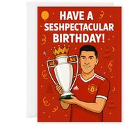 Biglietto di auguri di compleanno ispirato al Manchester Utd Trophy Benjamin Sesko, divertente biglietto di auguri per i tifosi, illustrazione Red Kit Striker, biglietto per lui, con busta
