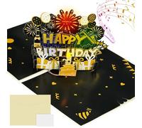 Biglietto di auguri di compleanno, musicale pop-up 3D, con fuochi d'artificio e candela soffiabile, biglietto di auguri per uomini, donne, mogli, marito, bambini, ragazze, ragazzi (nero oro)