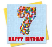 Biglietto di auguri di compleanno per 7 anni, design Building Blocks, 150 x 150 mm, fornito con busta. Ecologico. Messaggio all'interno. Prodotto in Gran Bretagna.