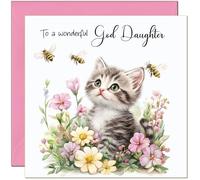 Biglietto di auguri di compleanno per figlia di Dio con bellissimo disegno ad acquerello con gattino e fiori, per lui per lei, biglietti di auguri di compleanno per dio figlia