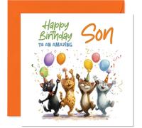 Biglietto di auguri di compleanno per figlio, gatti e palloncini amanti delle feste in un tripudio di colori, design divertente e festoso, per portare allegria di compleanno, quadrato da 145 mm, busta