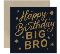 Biglietto di auguri di compleanno per fratello grande, stelle dorate, colore blu navy, quadrato, interno bianco con busta di alta qualità