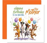 Biglietto di auguri di compleanno per matrigna - Quattro cani sfacciati, palloncini e coriandoli - vivace scena di celebrazione - garantito per sollevare il suo spirito, 145 mm quadrato, busta inclusa