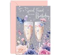 Biglietto di auguri di compleanno per un'amica speciale, con flute di champagne e farfalle, regalo di compleanno per donne, regalo per lei, collega, migliore amica e collega