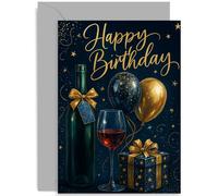 Biglietto di auguri di compleanno per uomo, con scritta "Happy Birthday", illustrazione con vino, per papà, marito, amico, collega, capo, nonno, interno bianco con busta