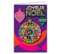 Biglietto di auguri di Natale allegro in rilievo del testo brillante con busta, 12 x 17,5 cm, palline colorate decorate albero cervi renna stelle cuori agrifoglio illustrazione geometrica migliori