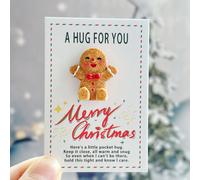 Biglietto di auguri di Natale con statuetta in resina a forma di omino di pan di zenzero, decorato con spilla, ideale per saluti natalizi, inviti e confezioni regalo, perfetto per biglietti di Natale