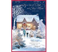 Biglietto di auguri di Natale per papà e matrigna con amore | Design con scena invernale, opera d'arte con cottage innevato, messaggio caldo e magico, per papà e matrigna