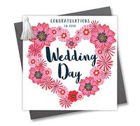Biglietto di auguri di nozze decorato con nappe, congratulazioni per il giorno del matrimonio, cuore di fiori