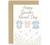 Biglietto di auguri di sesso gioioso per genitori, con scritta "Happy Gender Reveal Day", per annuncio di ragazzo o ragazza, design allegro, per amici e familiari, interno bianco con busta