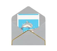 Biglietto di auguri elegante con tre delfini, biglietto pieghevole in carta perlata di alta qualità con bordo dorato, interno vuoto per messaggio personale, perfetto per Natale, compleanno, matrimonio