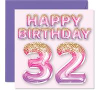 Biglietto di auguri il 32° compleanno da donna palloncini rosa e viola glitterati biglietti di auguri 32 anni amica sorella mamma zia 145mm trentadue e trentadue e