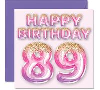 Biglietto di auguri l'89° compleanno da donna con palloncini glitterati rosa e viola biglietti di auguri la mamma di 89 anni grande bambinaia nonna 145mm 89 mm