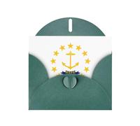 Biglietto di auguri orizzontale con bandiera dello stato del Rhode Island, con busta verde scuro a forma di cuore e scritta vari auguri per le vacanze