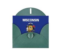 Biglietto di auguri orizzontale con bandiera dello stato del Wisconsin con busta verde scuro a forma di cuore e scrivere vari auguri di festa