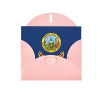 Biglietto di auguri orizzontale con bandiera dello stato dell'Idaho, con busta a forma di cuore rosa e per scrivere vari auguri di festa