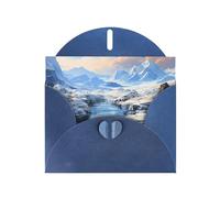 Biglietto di auguri orizzontale con paesaggio innevato con busta a forma di cuore blu e scrivere vari auguri di festa