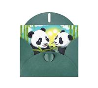 Biglietto di auguri orizzontale con scritta "Two Happy Pandas" con busta verde scuro a forma di cuore e scritta in lingua inglese "Two Happy Pandas