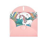 Biglietto di auguri orizzontale con unicorni vicino al fiume con busta a forma di cuore rosa e scritta vari auguri per le vacanze