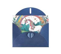 Biglietto di auguri orizzontale con unicorni vicino al fiume con busta blu a forma di cuore e scritta vari auguri per le vacanze