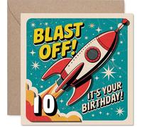 Biglietto di auguri per 10° compleanno, con scritta in inglese "Blast off into Double Digits", con razzo in stile retrò, zoom attraverso una scena spaziale colorata, 145 mm quadrato, busta inclusa