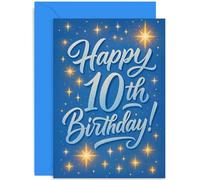 Biglietto di auguri per 10° compleanno in grassetto tipografico per figlio, nipote, cugino amico, regalo di compleanno dieci oggi, design retrò con stelle blu, per lui ragazzo, interno bianco con