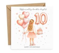 Biglietto di auguri per 10° compleanno per ragazze con busta, palloncino "Ufficialmente a due cifre", design con torta di compleanno, allegro biglietto di auguri per una bambina di 10 anni per il suo