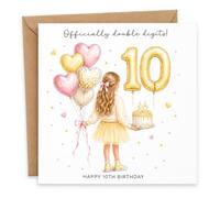 Biglietto di auguri per 10° compleanno per ragazze con busta, "Ufficialmente a due cifre", palloncino giallo e rosa e torta di compleanno, allegro saluto per una bambina di 10 anni che compie dieci