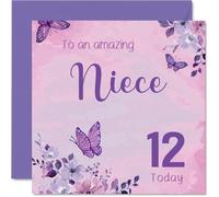 Biglietto di auguri per 12° compleanno per nipote, con scritta "Bursting with Birthday", farfalle rosa e viola con fiori, design gioioso per un giorno speciale, quadrato da 145 mm, busta inclusa