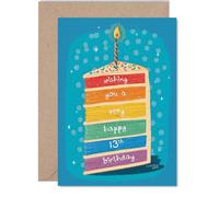 Biglietto di auguri per 13° compleanno, con allegria | Design colorato con torta arcobaleno e candela, vibrazioni luminose e divertenti per il loro grande traguardo da 13
