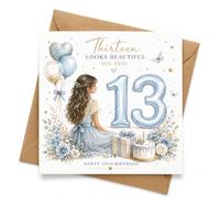 Biglietto di auguri per 13° compleanno per ragazze con busta, con scritta in lingua inglese "Thirteen looks beautiful on you", design a palloncino blu e argento, elegante saluto per una ragazza di 13