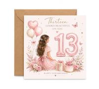 Biglietto di auguri per 13° compleanno per ragazze con busta, con scritta in lingua inglese "Thirteen looks beautiful on you", design morbido con palloncino rosa, elegante saluto per una ragazza di 13