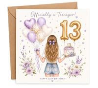 Biglietto di auguri per 13° compleanno per ragazze con busta, palloncino lilla e design floreale, saluto per una ragazza di 13 anni che inizia la sua adolescenza nel suo giorno speciale