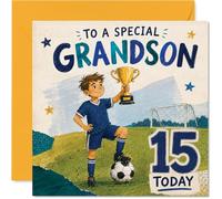 Biglietto di auguri per 15° compleanno per nipote, campione di compleanno | Design pazzo di calcio con festa del trofeo, per i 15 anni più sportivi, quadrato da 145 mm, busta inclusa