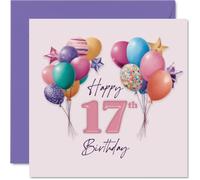 Biglietto di auguri per 17° compleanno, per festeggiare con stile, palloncini e coriandoli pastello vivaci con un grande rosa 17, atmosfera festiva per un traguardo adolescenziale, quadrato da 145 mm