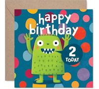 Biglietto di auguri per 2° compleanno, con scritta "Bursting with Birthday Giggles", con mostro colorato e design a pois luminosi, un modo divertente per celebrare il loro grande giorno, quadrato da