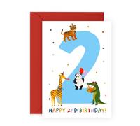 Biglietto di auguri per 2° compleanno per ragazzi o ragazze, con simpatici animali, per il secondo compleanno di figlio, figlia, nipote, nipote, lui, lei, bambini, bambini - 2 anni - fornito con