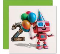 Biglietto di auguri per 2° compleanno, robot rosso con palloncini e | Occhiali 3D e un numero 2 effetto metallico, da aggiungere alla scena della festa, quadrato da 145 mm, busta inclusa