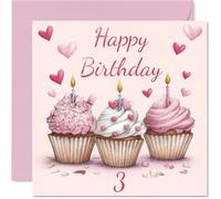 Biglietto di auguri per 3° compleanno per ragazzi e ragazze, con cupcake rosa, biglietto di auguri per compleanno di 3 anni, per sorelle, nipote, figlia, 145 mm