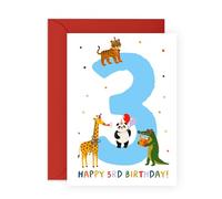 Biglietto di auguri per 3° compleanno per ragazzi o ragazze, con simpatici animali, per il terzo compleanno, per figlio, figlia, nipote, nipote, lui, lei, bambini, età 3 anni, fornito con divertenti