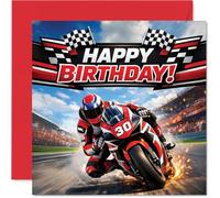 Biglietto di auguri per 30° compleanno, con scritta "Start Your Engines for a Legendary 30th - Dynamic Motorcycle Racing Design with Bold Red and Black - quadrato 145 mm, busta inclusa