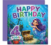 Biglietto di auguri per 4° compleanno, con scritta in inglese "Make a Splash on Their Big Day" (lingua italiana non garantita), con sirena colorata e scena avventura subacquea, 145 mm, quadrato, busta